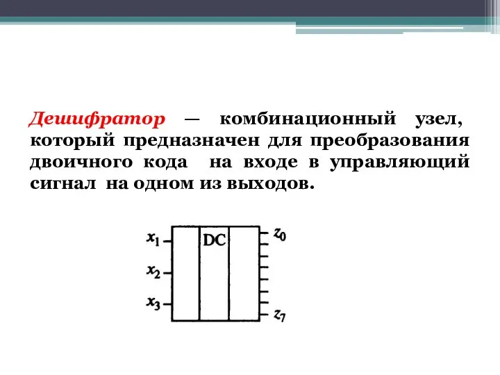 Дешифратор — комбинационный узел, который предназначен для преобразования двоичного кода на входе