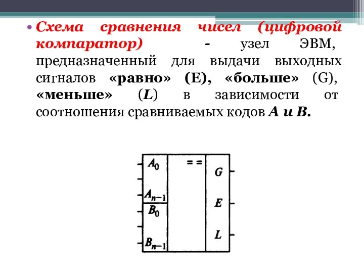 Схема сравнения чисел (цифровой компаратор) - узел ЭВМ, предназначенный для выдачи выходных