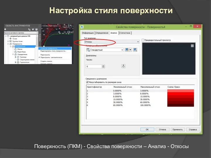 Поверхность (ПКМ) - Свойства поверхности – Анализ - Откосы Настройка стиля поверхности