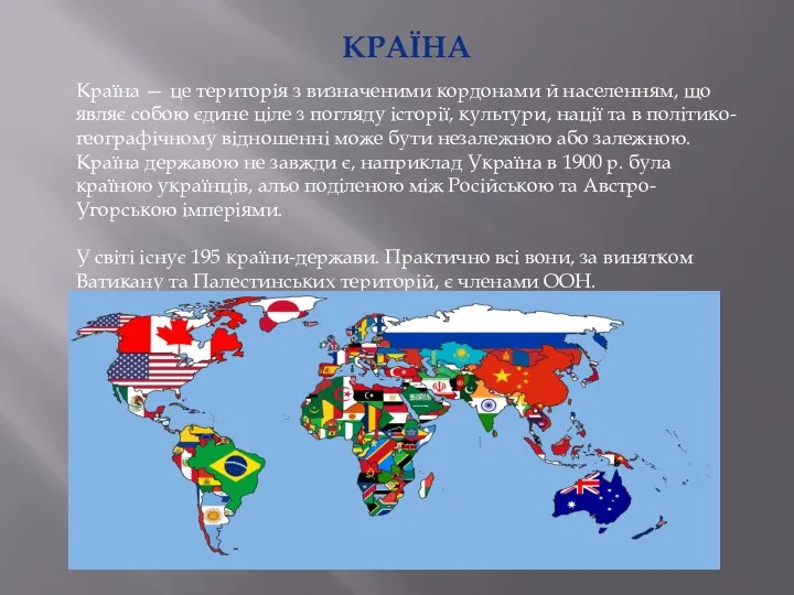 КРАЇНА Країна — це територія з визначеними кордонами й населенням, що являє