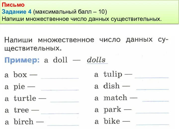 Письмо Задание 4 (максимальный балл – 10) Напиши множественное число данных существительных.