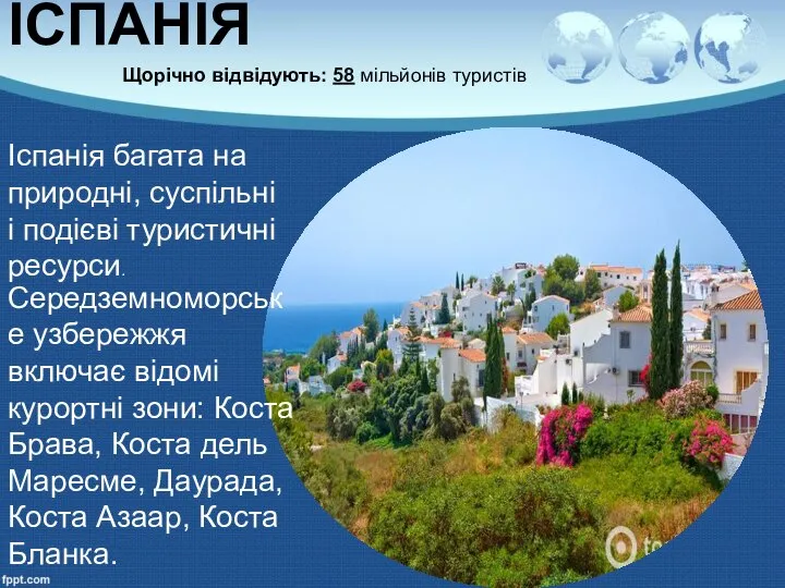 ІСПАНІЯ Щорічно відвідують: 58 мільйонів туристів Іспанія багата на природні, суспільні і