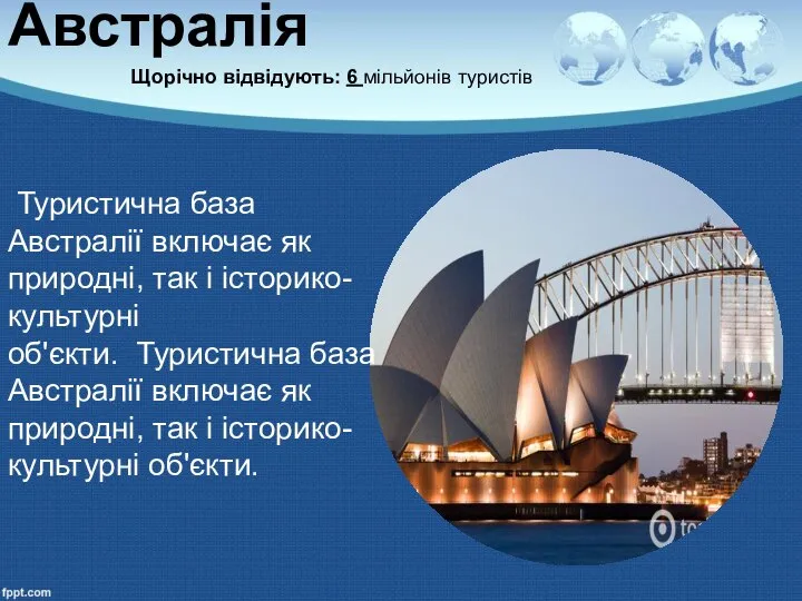 Австралія Щорічно відвідують: 6 мільйонів туристів Туристична база Австралії включає як природні,