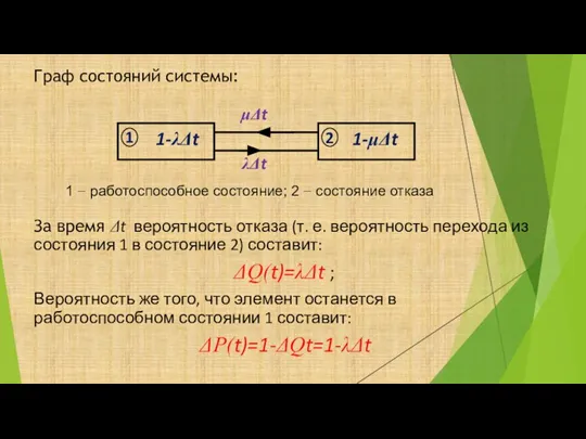 Граф состояний системы: За время Δt вероятность отказа (т. е. вероятность перехода