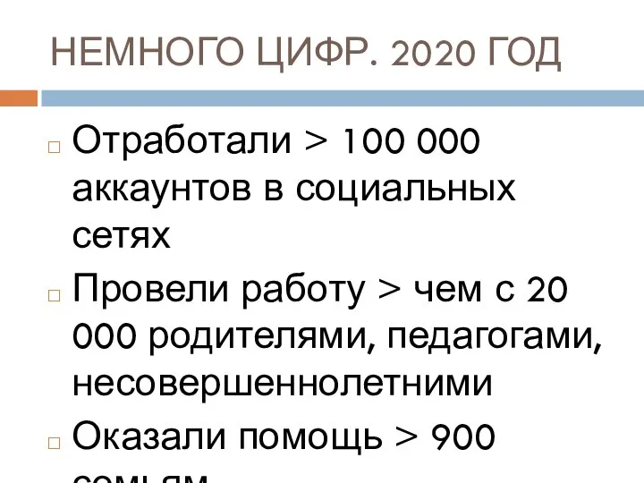 НЕМНОГО ЦИФР. 2020 ГОД Отработали > 100 000 аккаунтов в социальных сетях