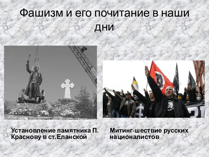 Фашизм и его почитание в наши дни Установление памятника П.Краснову в ст.Еланской Митинг-шествие русских националистов