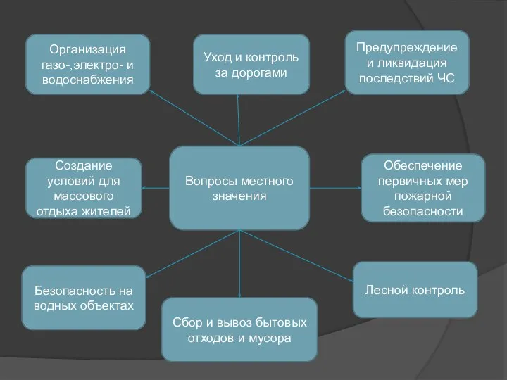 Вопросы местного значения Организация газо-,электро- и водоснабжения Уход и контроль за дорогами