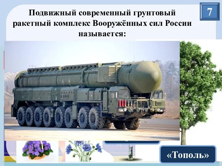 7 «Берёзка» «Василёк» «Тополь» «Фиалка» Подвижный современный грунтовый ракетный комплекс Вооружённых сил России называется: