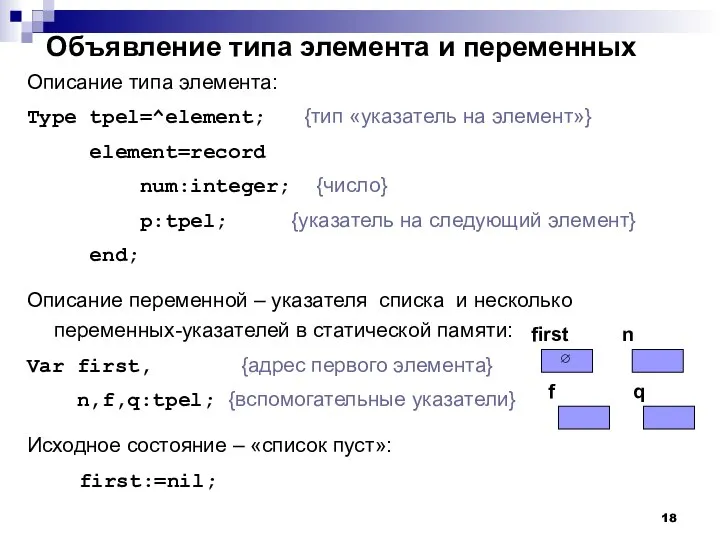 Объявление типа элемента и переменных Описание типа элемента: Type tpel=^element; {тип «указатель