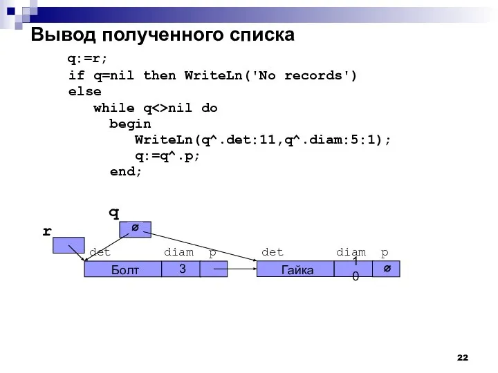 Вывод полученного списка q:=r; if q=nil then WriteLn('No records') else while q