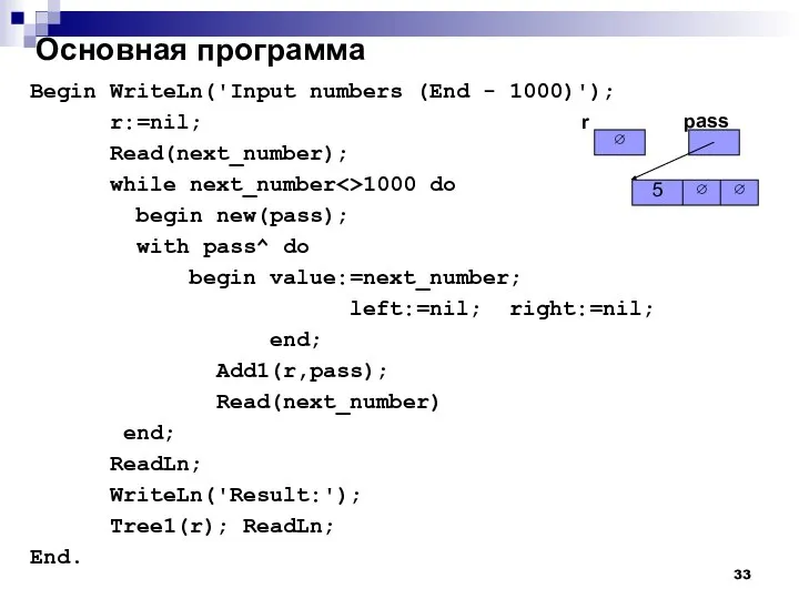 Основная программа Begin WriteLn('Input numbers (End - 1000)'); r:=nil; Read(next_number); while next_number