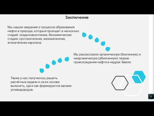 Заключение Мы нашли сведения о процессе образования нефти в природе, который проходит