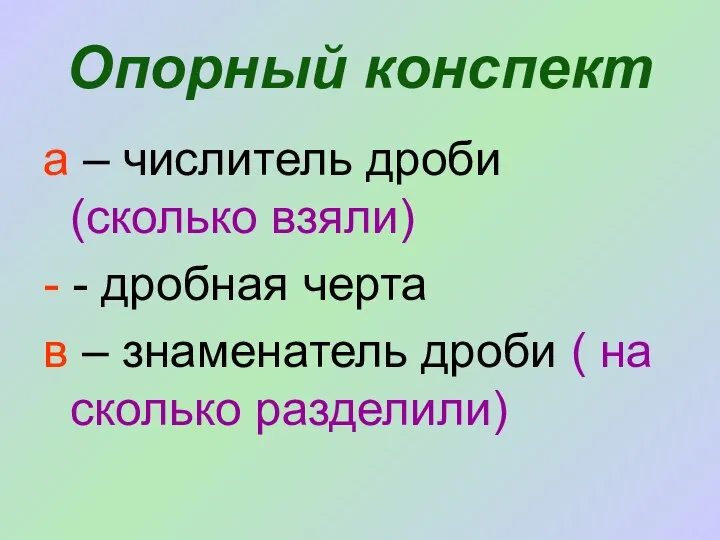 Опорный конспект а – числитель дроби (сколько взяли) - - дробная черта