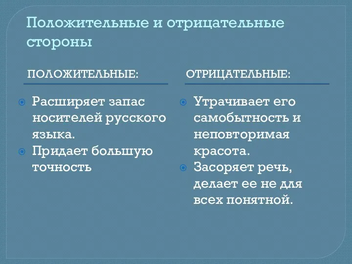 Положительные и отрицательные стороны ПОЛОЖИТЕЛЬНЫЕ: ОТРИЦАТЕЛЬНЫЕ: Расширяет запас носителей русского языка. Придает