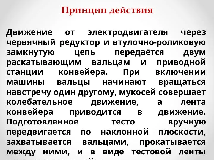 Принцип действия Движение от электродвигателя через червячный редуктор и втулочно-роликовую замкнутую цепь