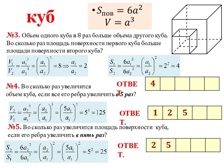 куб №3. Объем одного куба в 8 раз больше объема другого куба.