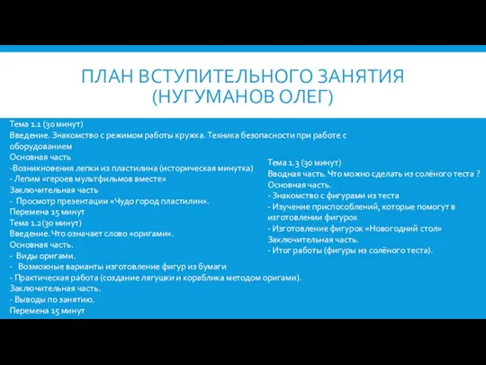 ПЛАН ВСТУПИТЕЛЬНОГО ЗАНЯТИЯ (НУГУМАНОВ ОЛЕГ) Тема 1.1 (30 минут) Введение. Знакомство с