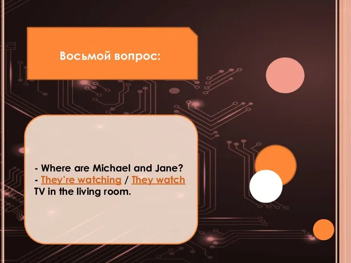 Восьмой вопрос: - Where are Michael and Jane? - They’re watching /