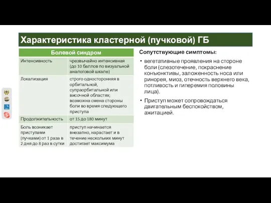 Характеристика кластерной (пучковой) ГБ Сопутствующие симптомы: вегетативные проявления на стороне боли (слезотечение,