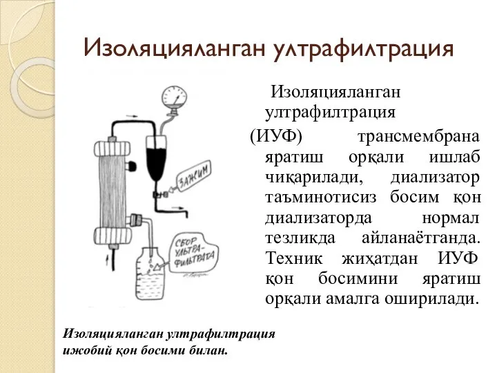 Изоляцияланган ултрафилтрация Изоляцияланган ултрафилтрация (ИУФ) трансмембрана яратиш орқали ишлаб чиқарилади, диализатор таъминотисиз