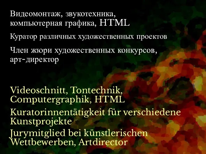 Куратор различных художественных проектов Kuratorinnentätigkeit für verschiedene Kunstprojekte Видеомонтаж, звукотехника, компьютерная графика,