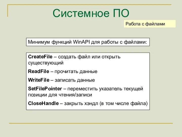 Системное ПО Минимум функций WinAPI для работы с файлами: Работа с файлами
