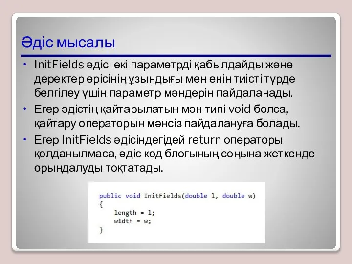 Әдіс мысалы InitFields әдісі екі параметрді қабылдайды және деректер өрісінің ұзындығы мен