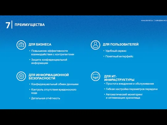 ПРЕИМУЩЕСТВА 7 ДЛЯ БИЗНЕСА Повышение эффективности взаимодействия с контрагентами Защита конфиденциальной информации