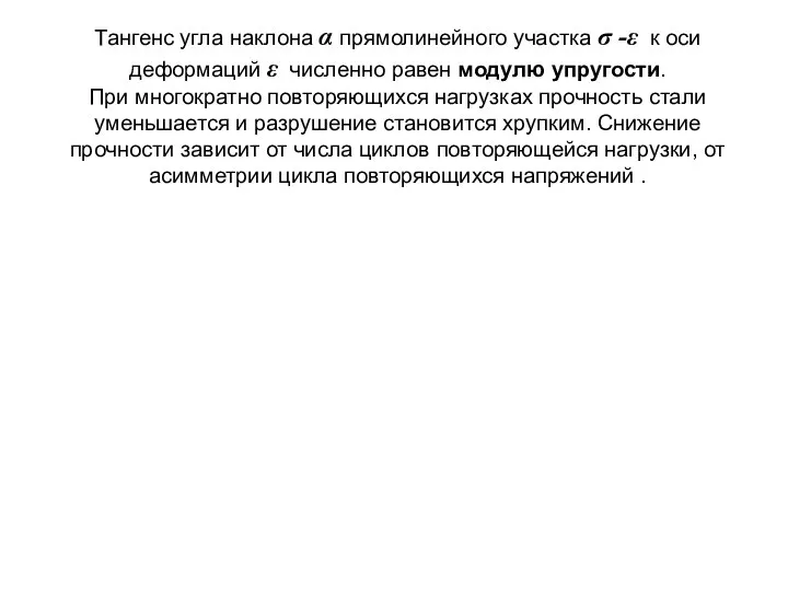 Тангенс угла наклона α прямолинейного участка σ -ε к оси деформаций ε