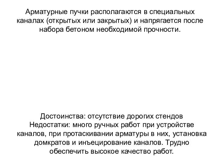 Арматурные пучки располагаются в специальных каналах (открытых или закрытых) и напрягается после