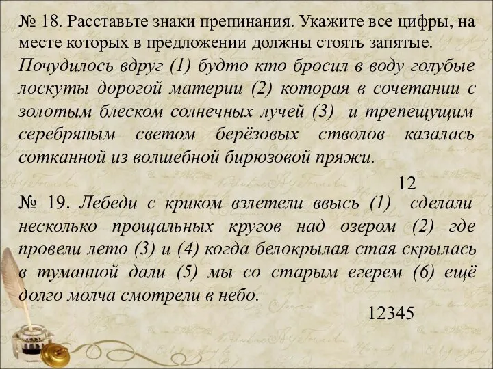 № 18. Расставьте знаки препинания. Укажите все цифры, на месте которых в