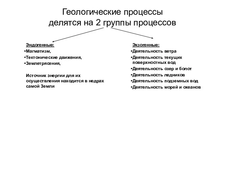 Геологические процессы делятся на 2 группы процессов Эндогенные: Магматизм, Тектонические движения, Землетрясения,