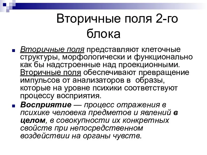 Вторичные поля 2-го блока Вторичные поля представляют клеточные структуры, морфологически и функционально