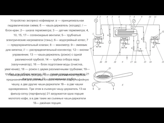 Устройство экспресс-кофеварки: а — принципиальная гидравлическая схема; б — чаша-держатель (холдер): /