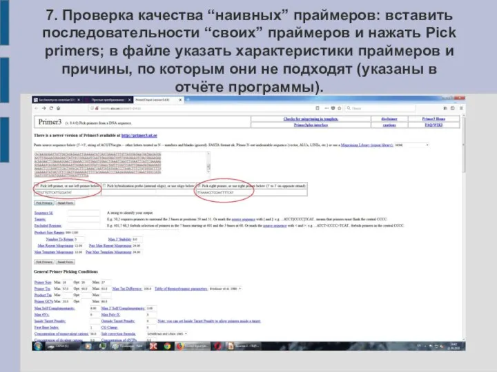 7. Проверка качества “наивных” праймеров: вставить последовательности “своих” праймеров и нажать Pick