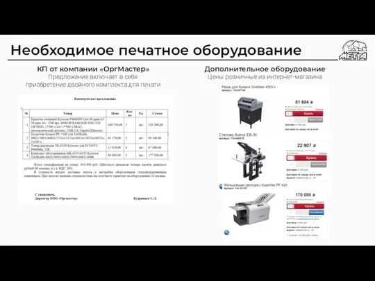 Необходимое печатное оборудование КП от компании «ОргМастер» Предложение включает в себя приобретение