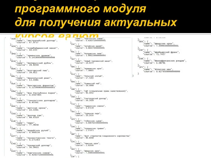 Результаты работы программного модуля для получения актуальных курсов валют