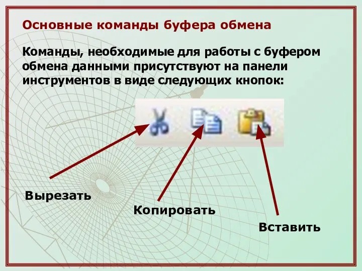 Основные команды буфера обмена Команды, необходимые для работы с буфером обмена данными