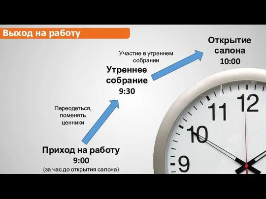 Выход на работу Приход на работу 9:00 (за час до открытия салона)