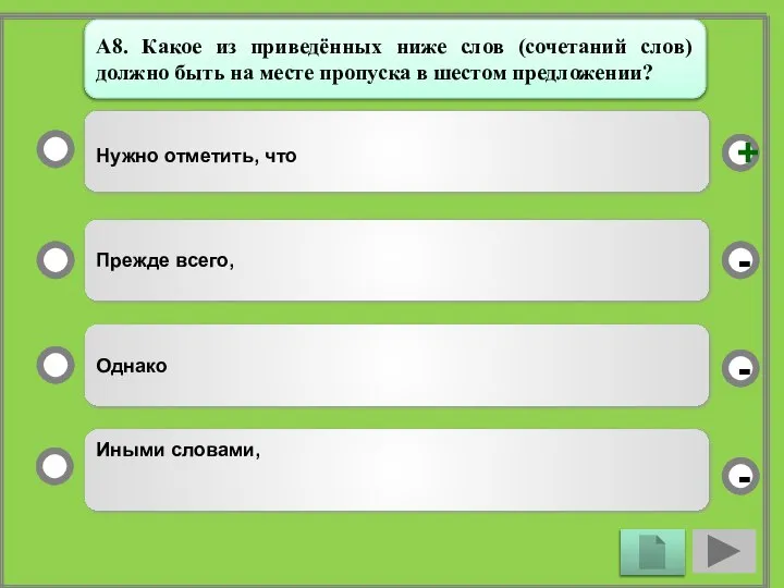 Нужно отметить, что Прежде всего, Однако Иными словами, - - + -