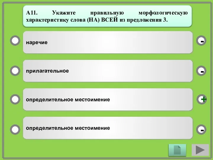 наречие прилагательное определительное местоимение определительное местоимение - - + - А11. Укажите