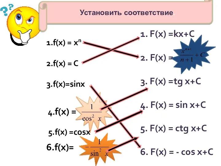 1.f(x) = хn 2.f(x) = C 3.f(x)=sinx 4.f(x) = 6.f(x)= 1. F(x)