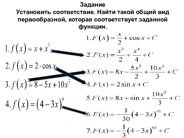 Задание Установить соответствие. Найти такой общий вид первообразной, которая соответствует заданной функции.