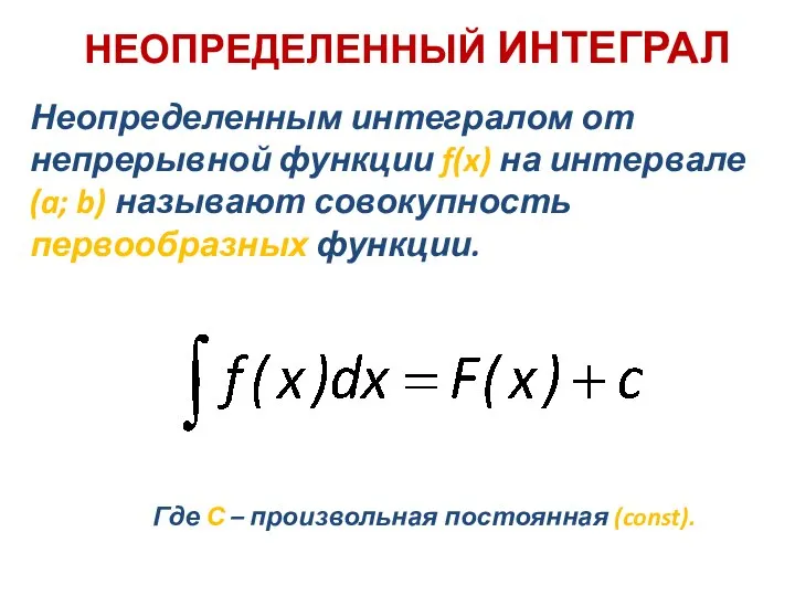 НЕОПРЕДЕЛЕННЫЙ ИНТЕГРАЛ Неопределенным интегралом от непрерывной функции f(x) на интервале (a; b)