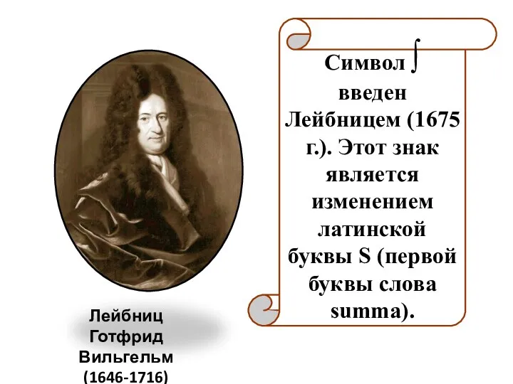 Лейбниц Готфрид Вильгельм (1646-1716) Символ ∫ введен Лейбницем (1675 г.). Этот знак