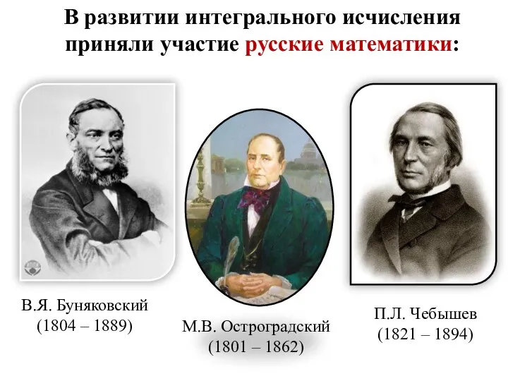 В развитии интегрального исчисления приняли участие русские математики: М.В. Остроградский (1801 –