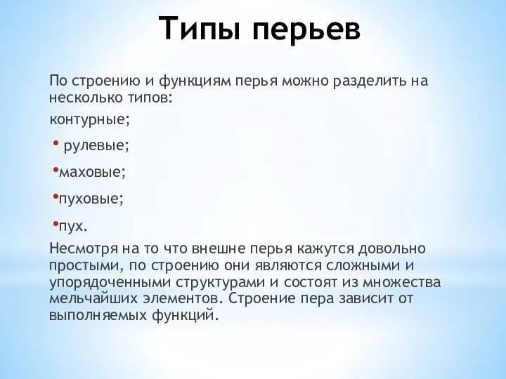 Типы перьев По строению и функциям перья можно разделить на несколько типов: