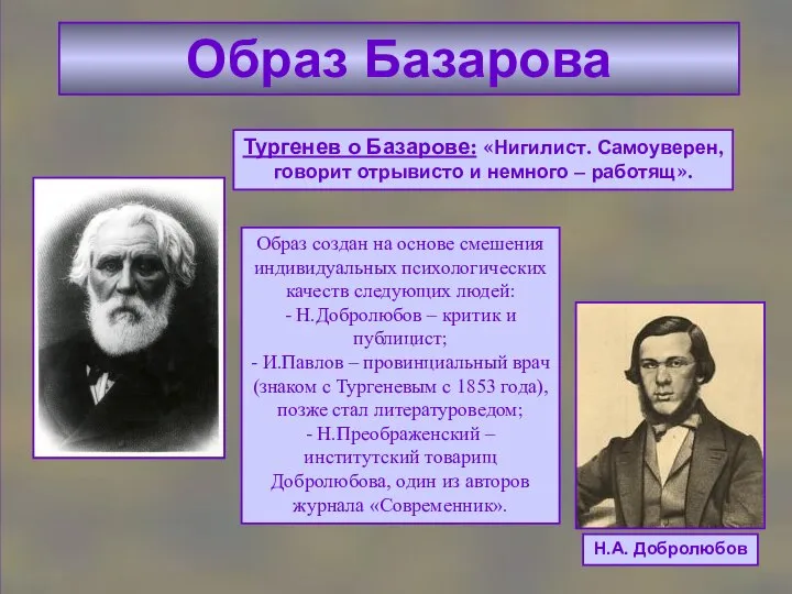 Образ Базарова Н.А. Добролюбов Тургенев о Базарове: «Нигилист. Самоуверен, говорит отрывисто и