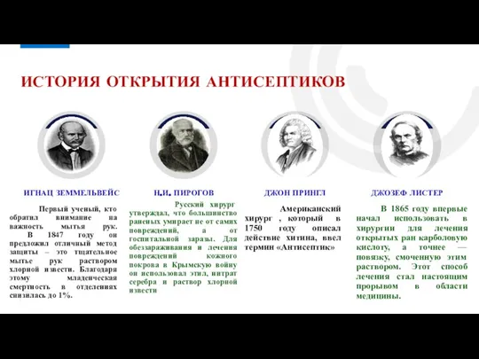 ИСТОРИЯ ОТКРЫТИЯ АНТИСЕПТИКОВ Первый ученый, кто обратил внимание на важность мытья рук.