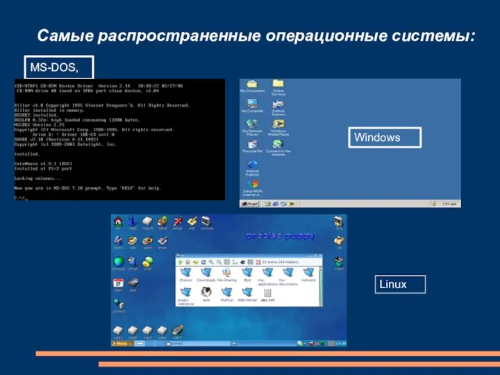 Самые распространенные операционные системы: MS-DOS, Windows Linux